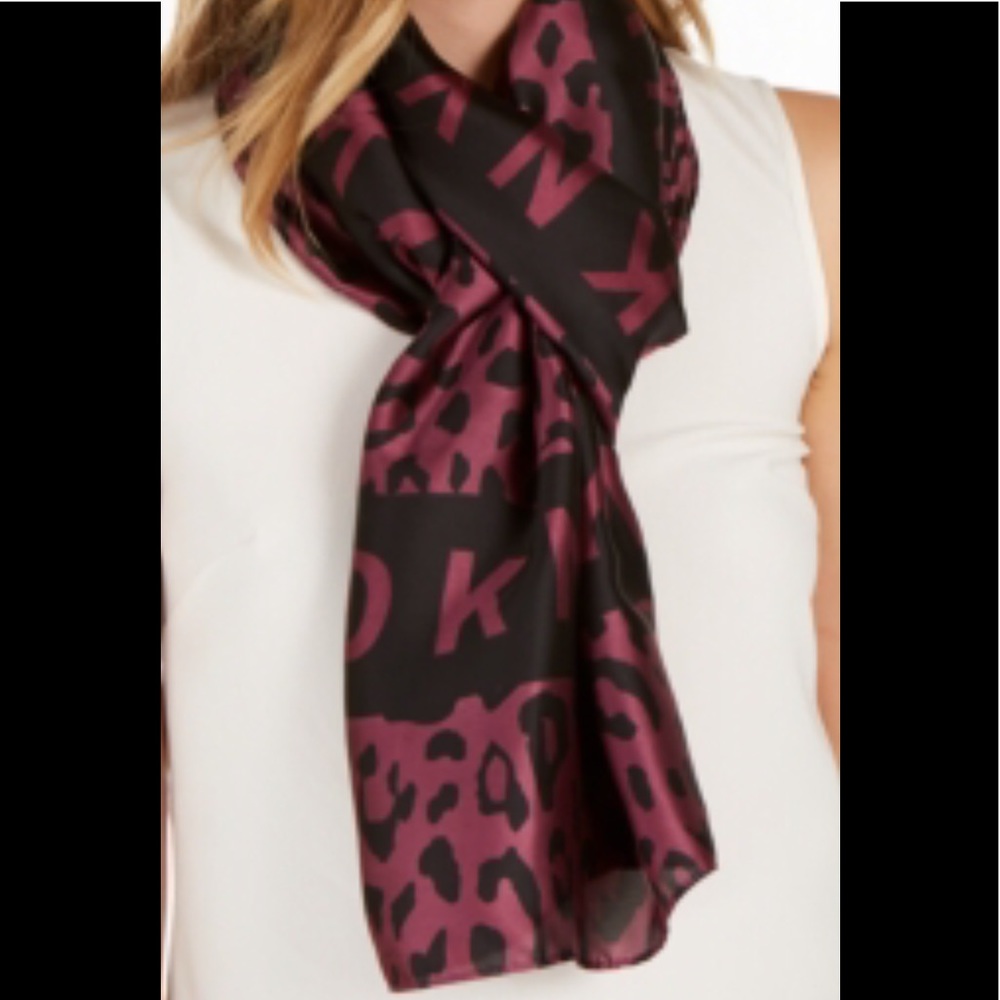 DKNY leopard and logo scarf in plum